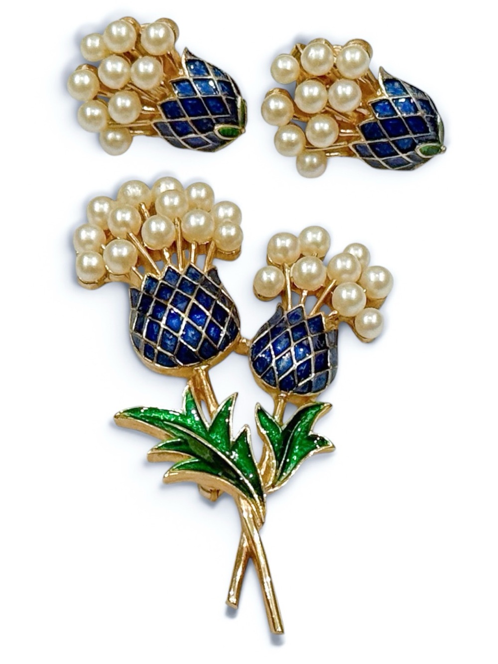Vintage Crown Trifari Thistle Brooch & Earrings Set Faux Pearl Blue Enamel
